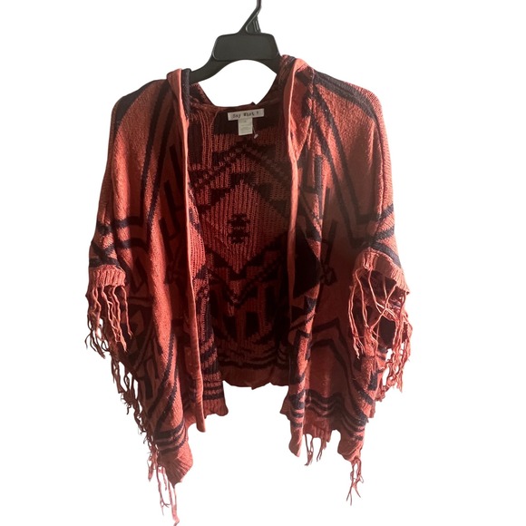 Say What? Hooded Poncho Sweater Aztec Print Fringe Open Front Medium - Picture 1 of 4